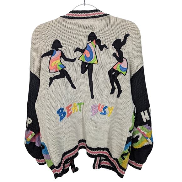 Vintage No Jeans Sweater Cardigan Jacket Graphic Patches Hip Hop Flower Power - Picture 2 of 14